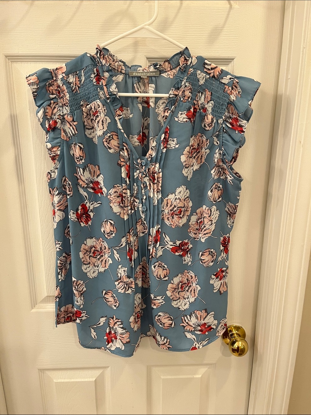 Daniel Rainn Sky Blue Floral Smocked Tie-Front Blouse